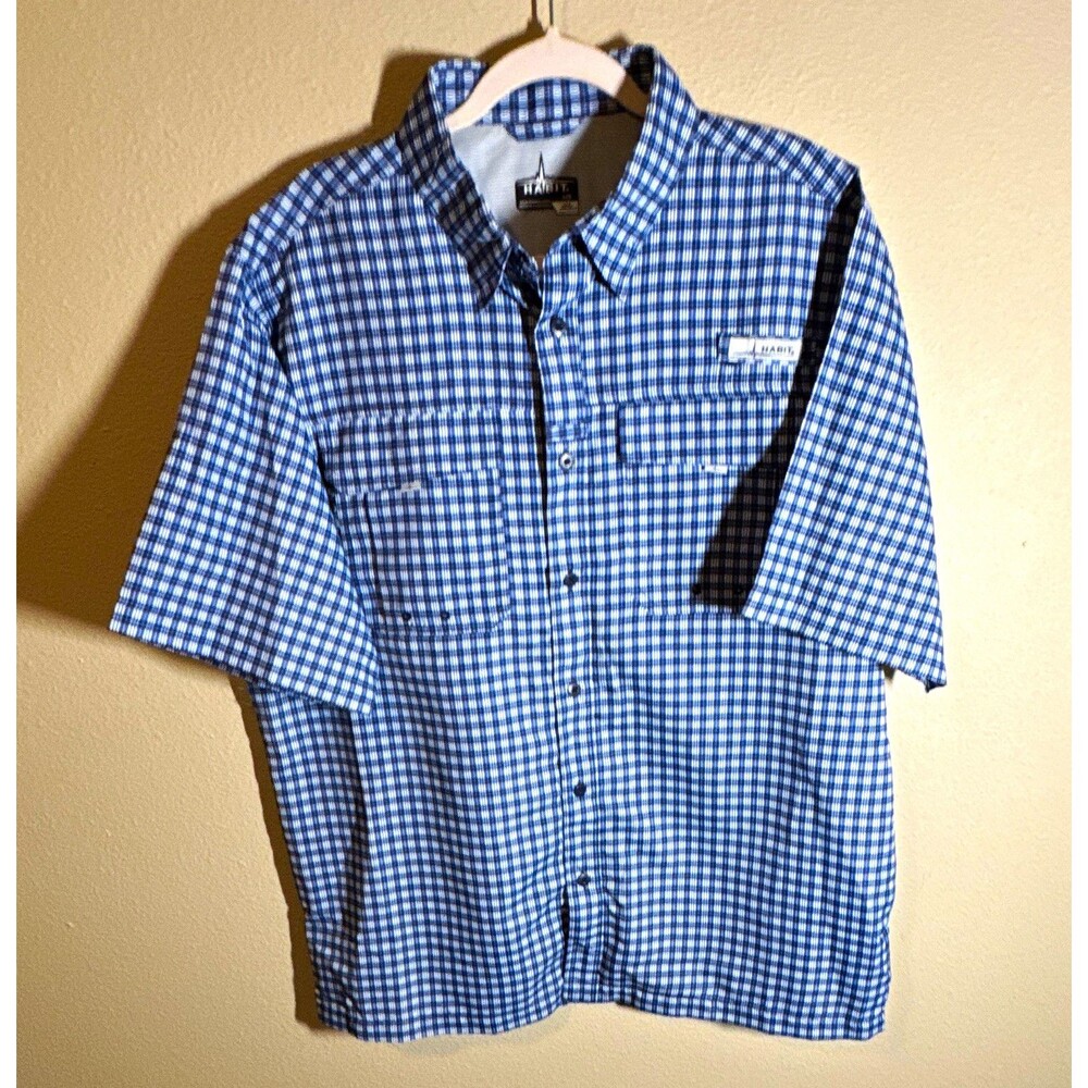 Habit Men’s Button-Up Shirt Size L Blue/White Check Short Sleeve UV Protection
